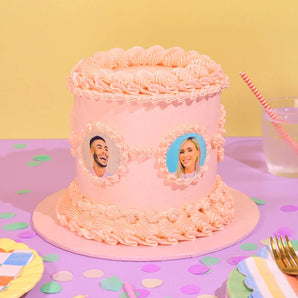 Vintage Multi Photo Cake by Crumbs & Doilies featuring five edible image plaques and pink piped buttercream decoration.